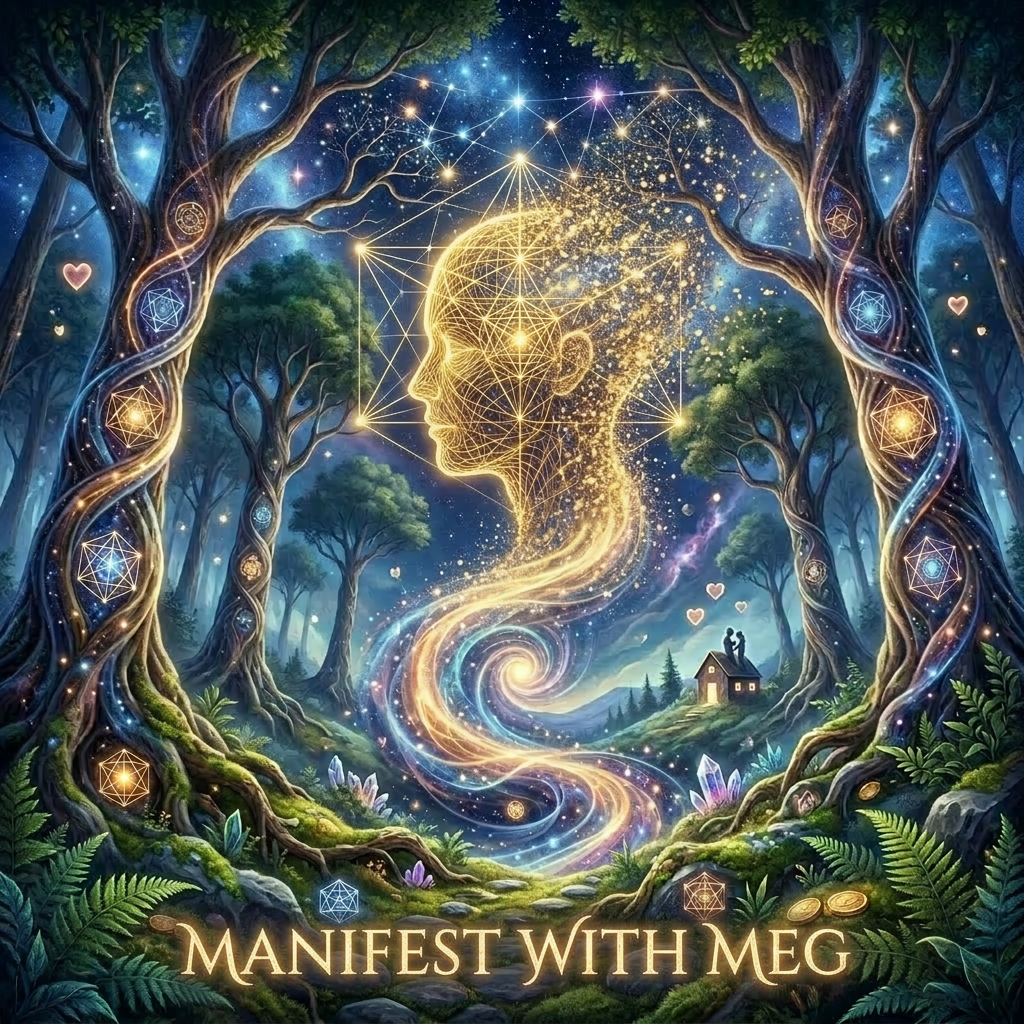 Glowing geometric human head spiraling in a magical forest with trees, crystals, and symbols