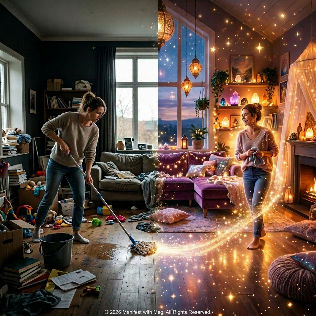 Woman mopping a cluttered floor with a sparkling, tidy room on the right.