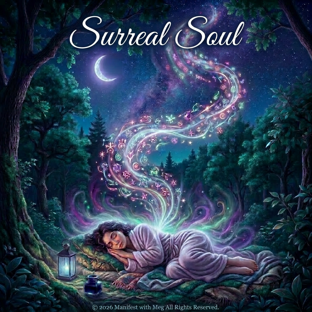 Person sleeping in forest with colorful cosmic symbols swirling upwards under crescent moon