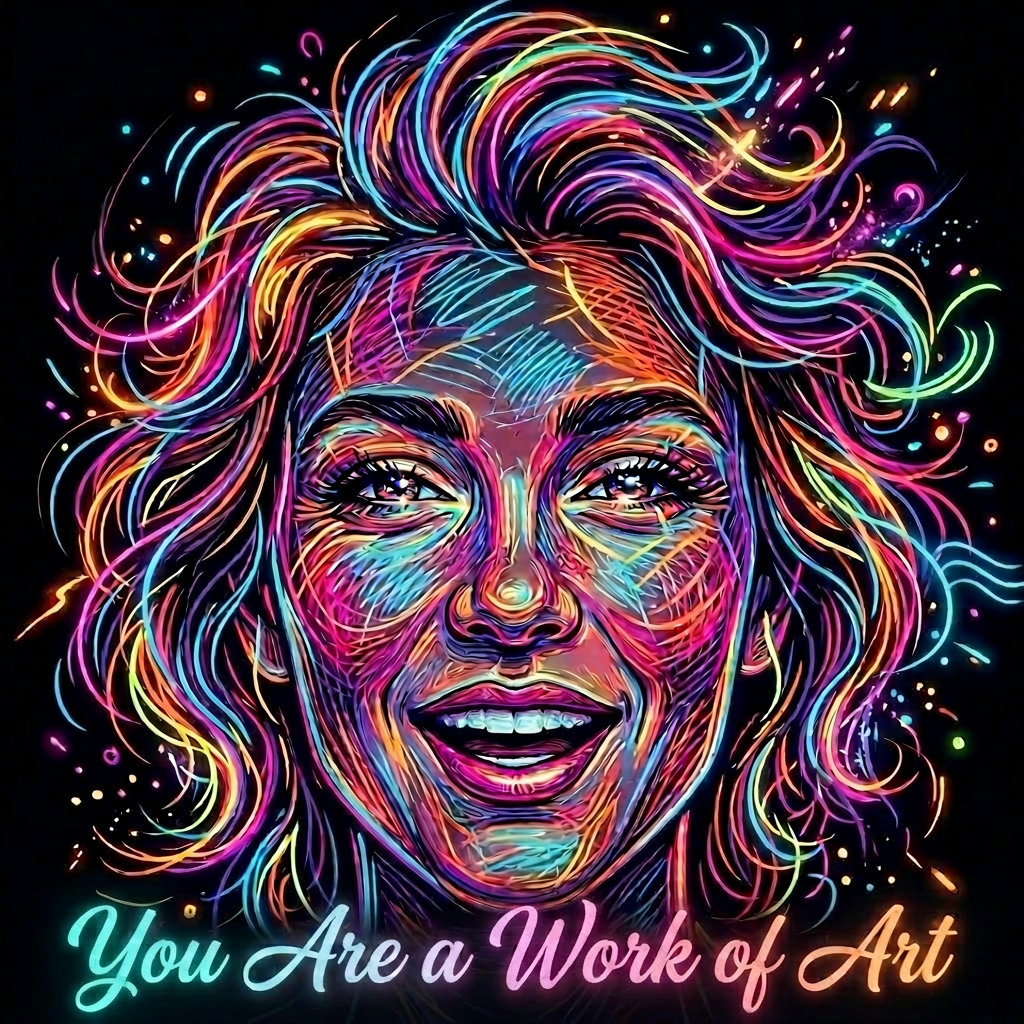 Neon colorful lines forming a smiling woman's face with flowing hair