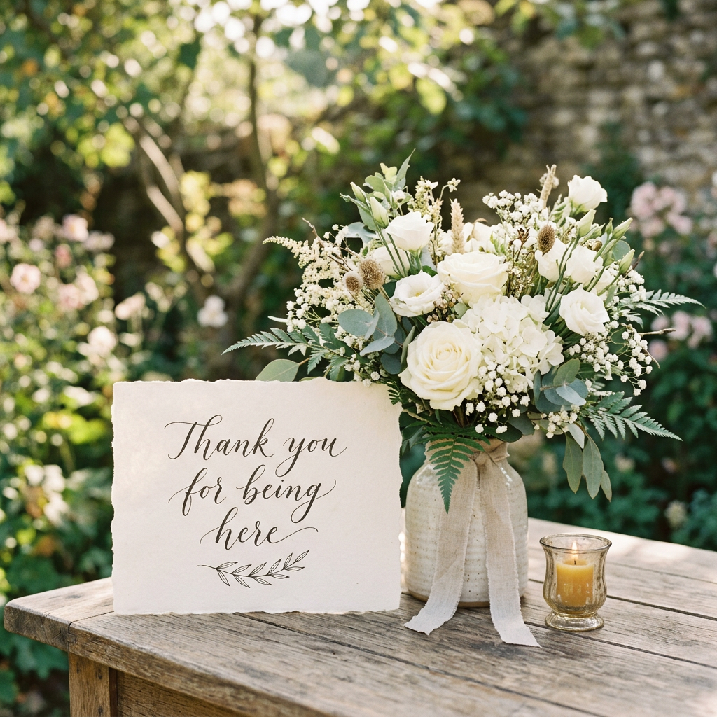 Thank you card next to a white flower bouquet in a ceramic vase and a small candle on a wooden table