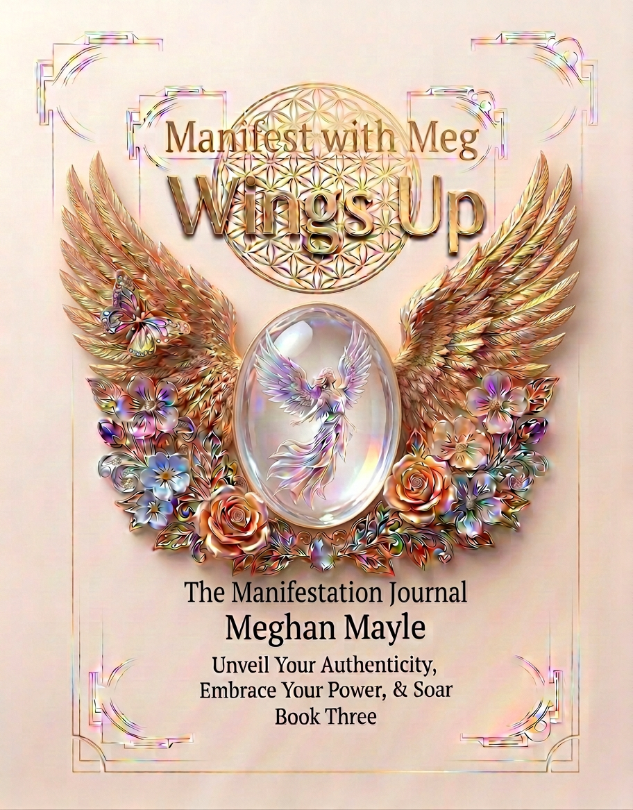 Manifestation Journal Cover for Personal Growth Book cover text: Manifest with Meg; Wings Up; 21-Day Manifestation Journal; Meghan Mayle; Unveil Your Authenticity, Embrace Your Power, & Soar; Book Three.